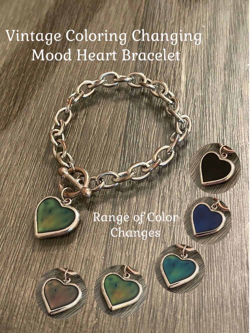 Vintage Heart-Sheped Mood Bracelet- Silver-tone Approx 8 1/4” Long